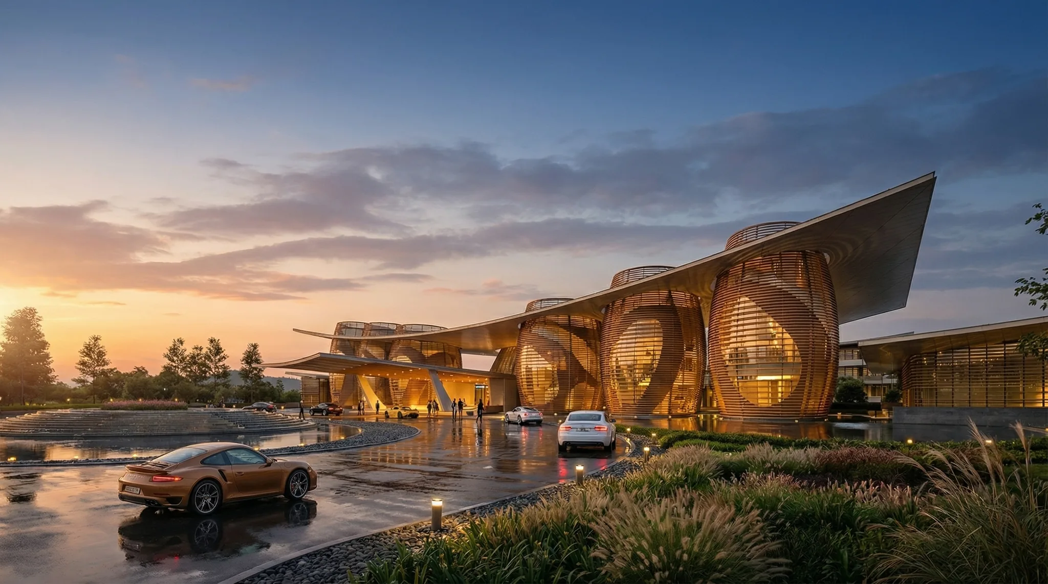 Chrysalis Resort — butterfly-inspired luxury resort concept with illuminated pathways at dusk