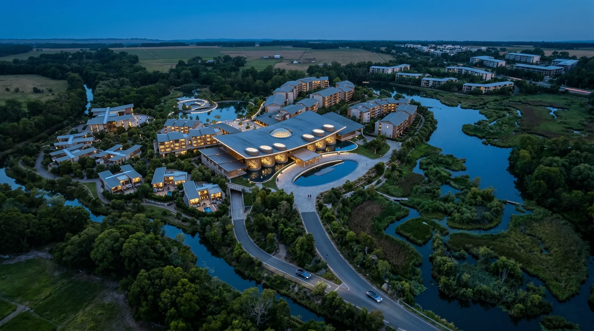 Chrysalis Resort aerial view at dusk