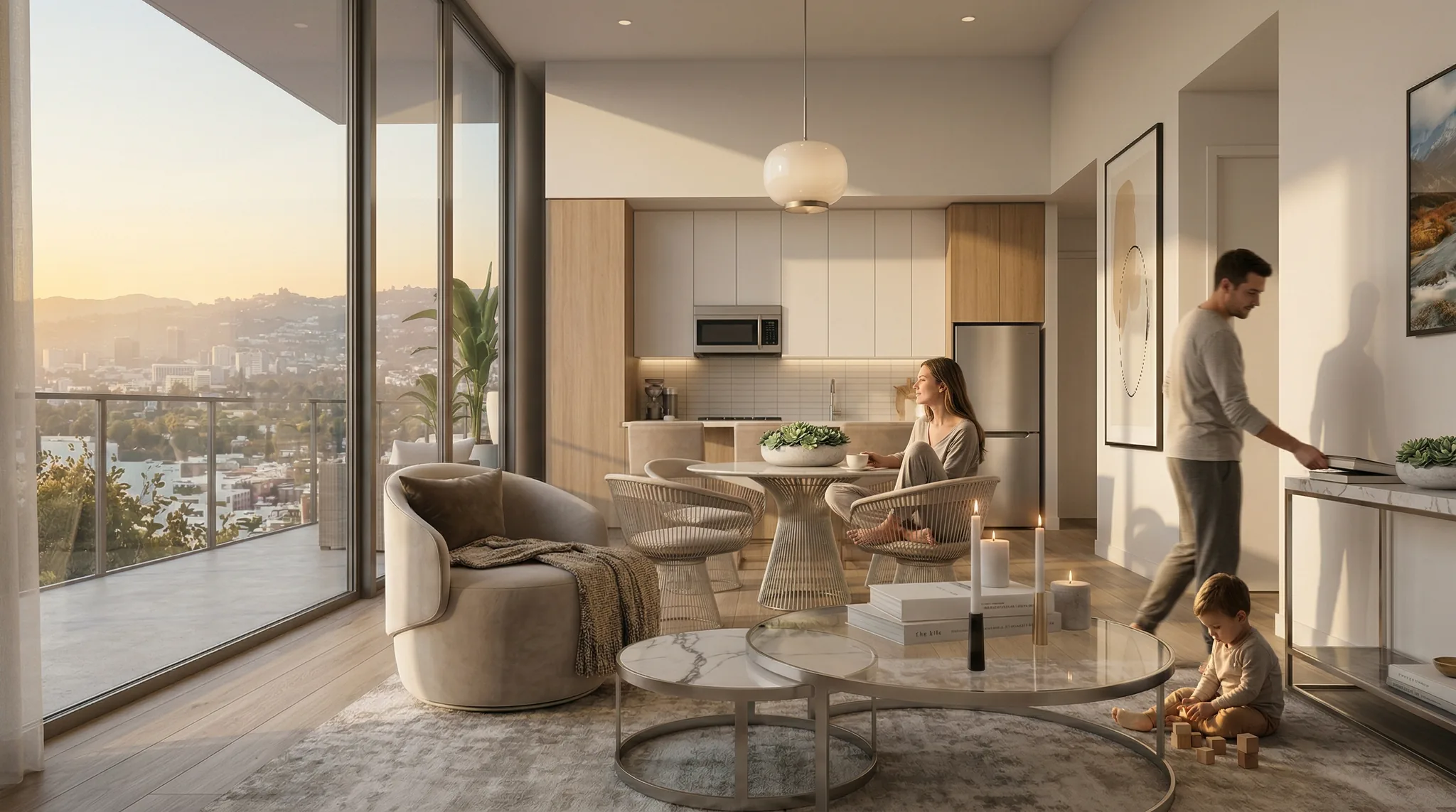 The Landmark — elegant residential amenity space with curved seating and natural light